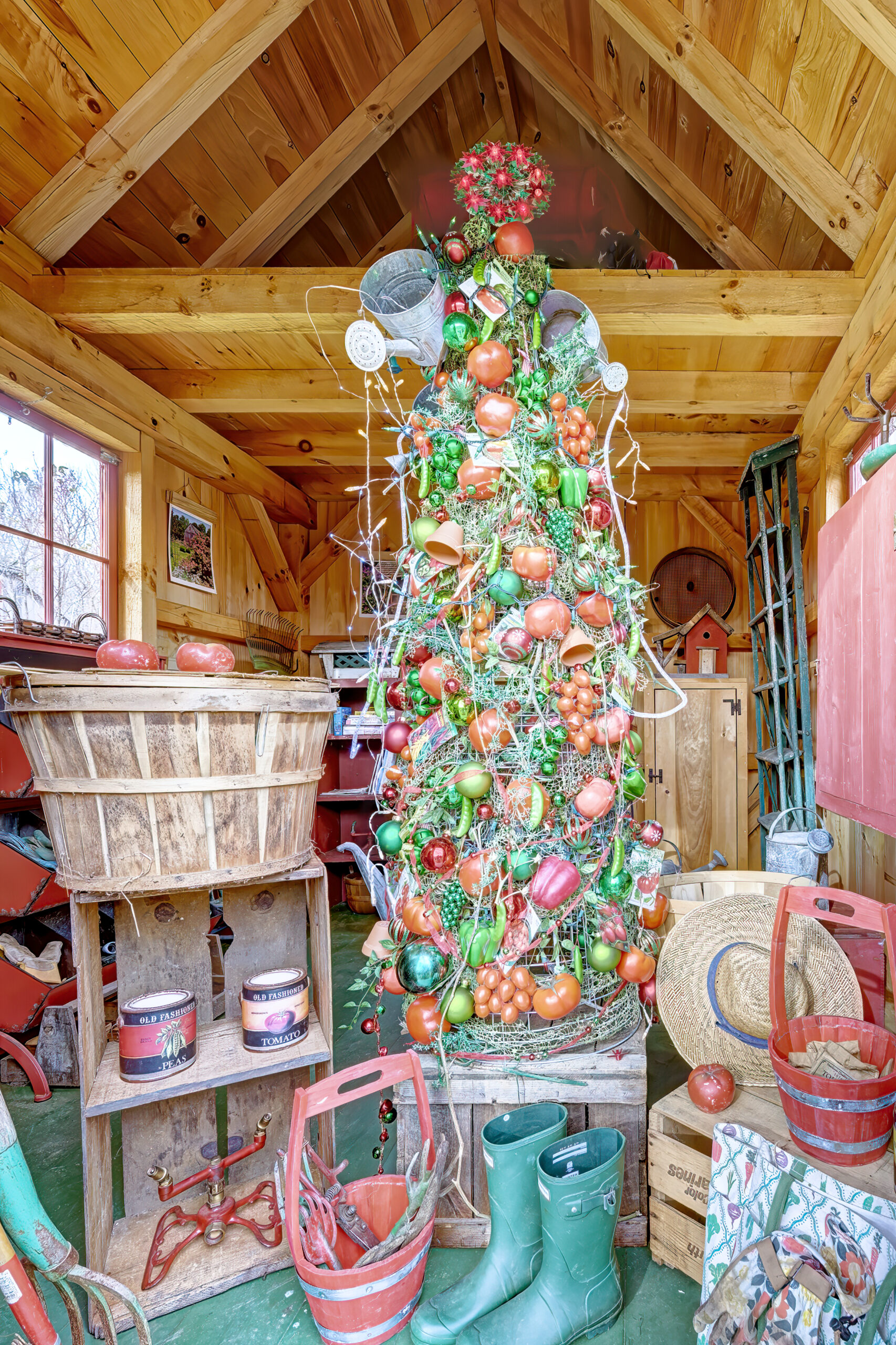A garden-styled Christmas tree created with tomato cages.