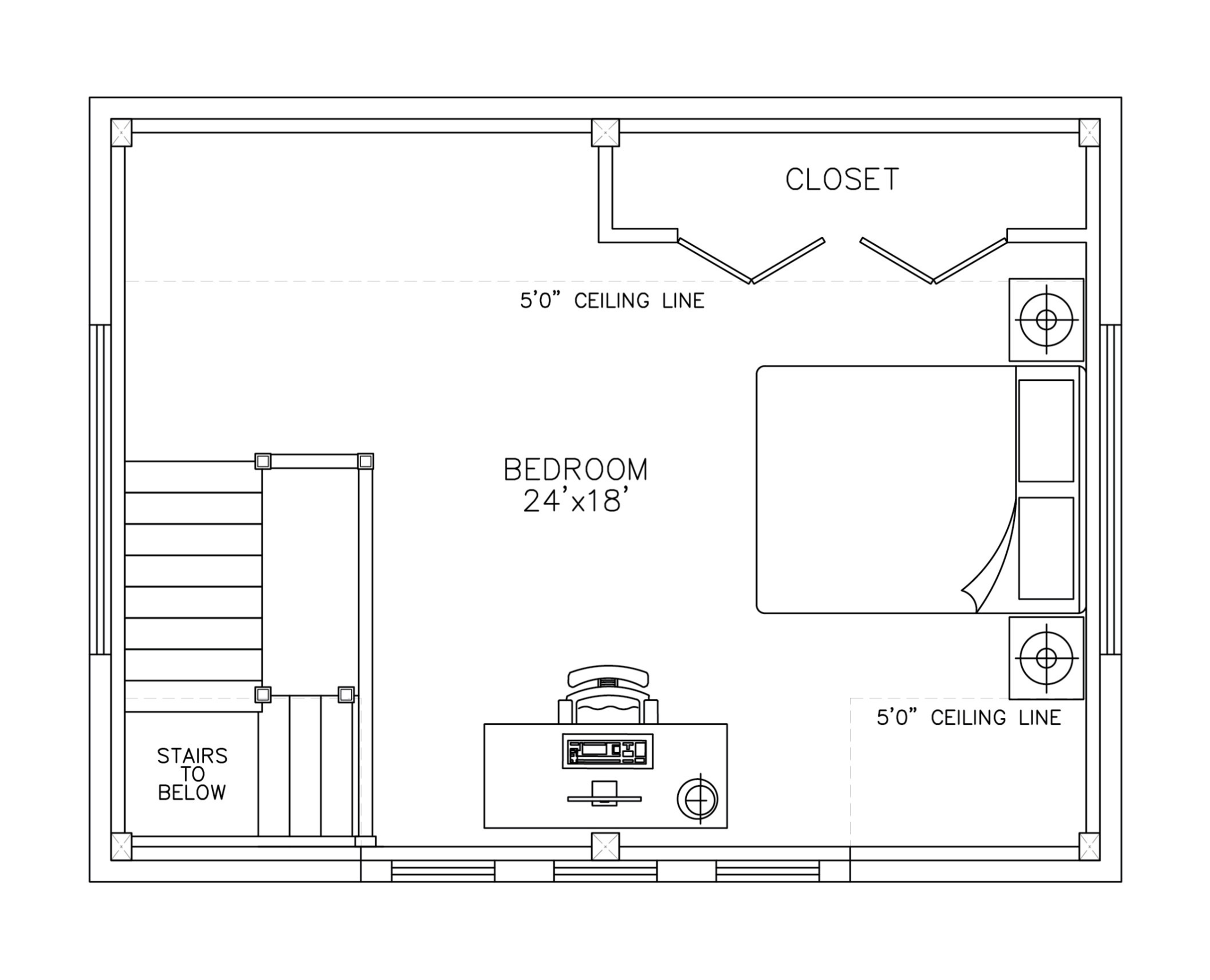 The Baker I ADU second floor plan — bedroom with cathedral ceiling