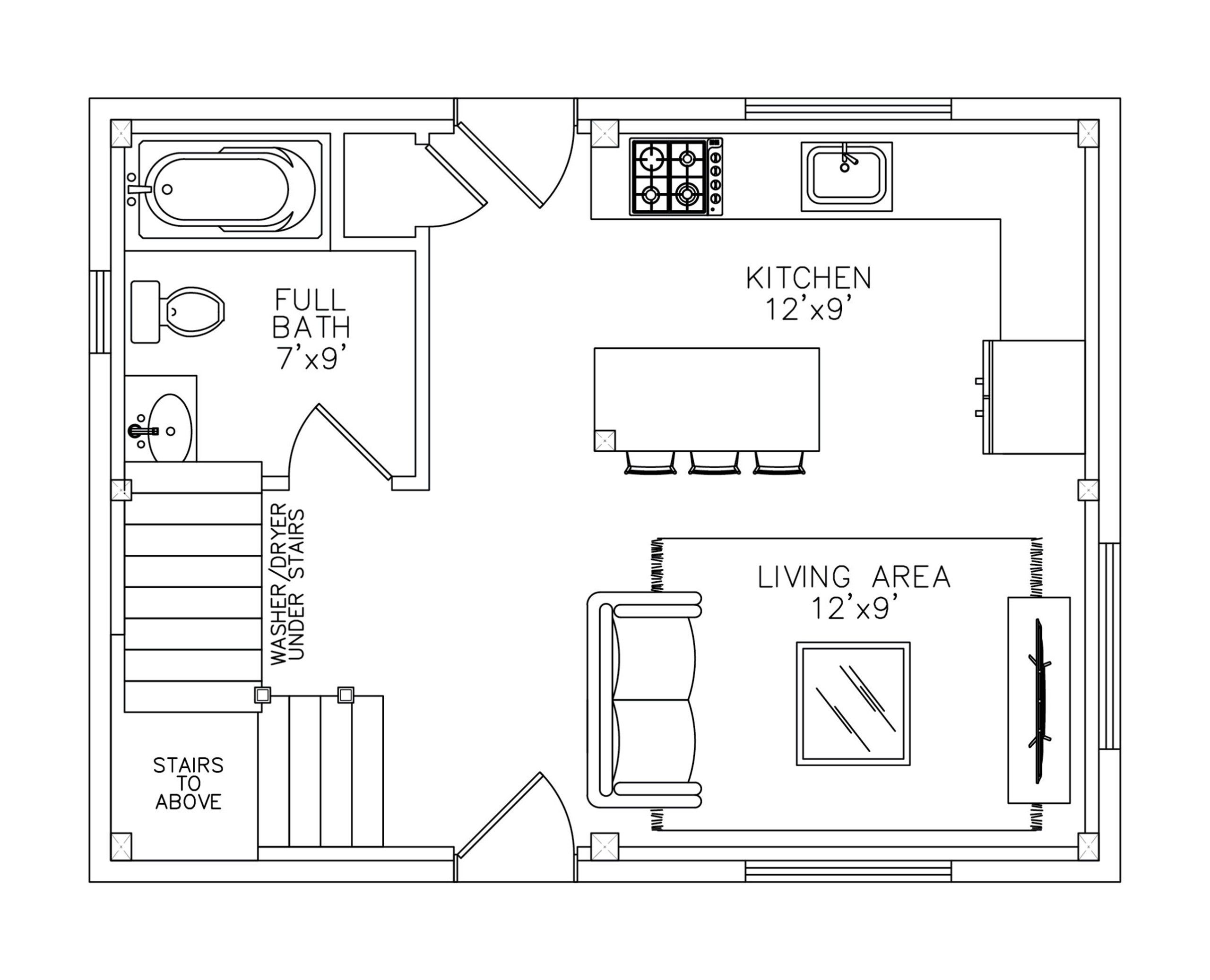 The Baker I ADU first floor plan — living area, kitchen, full bath