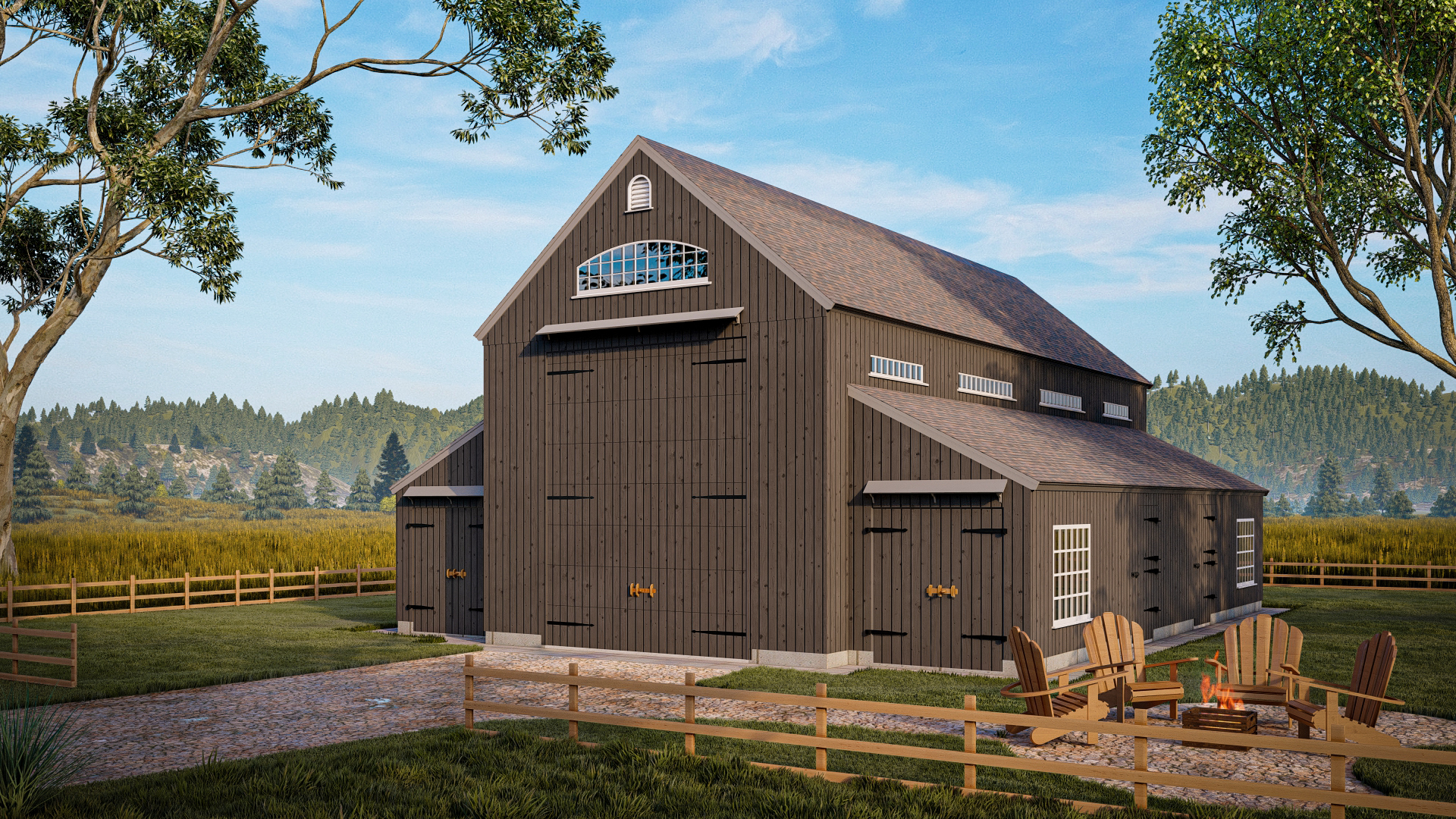 Clearstory 2 37' x48' White Saltbox barn with double garage doors