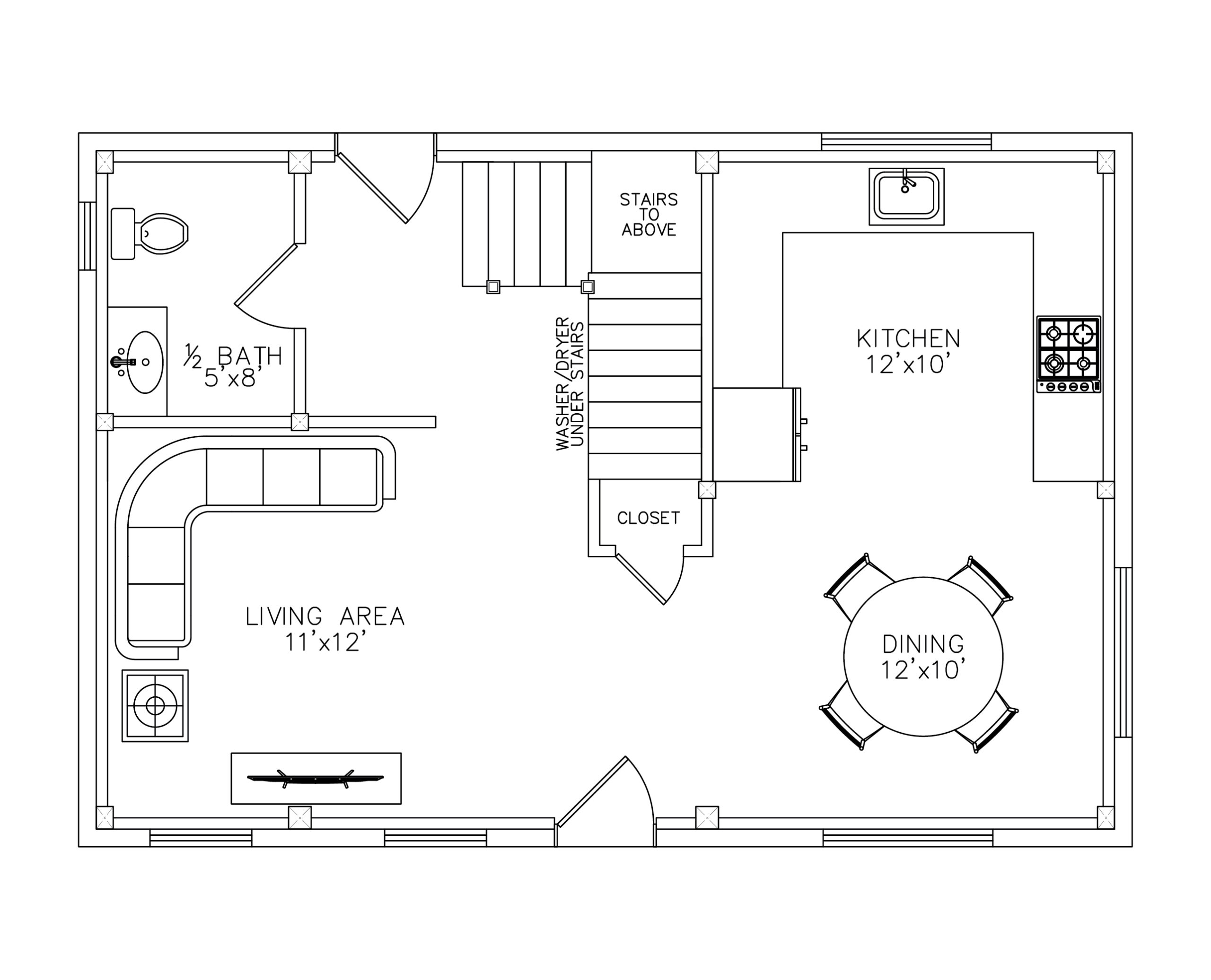 The Baker II ADU first floor plan — living area, kitchen, half bath